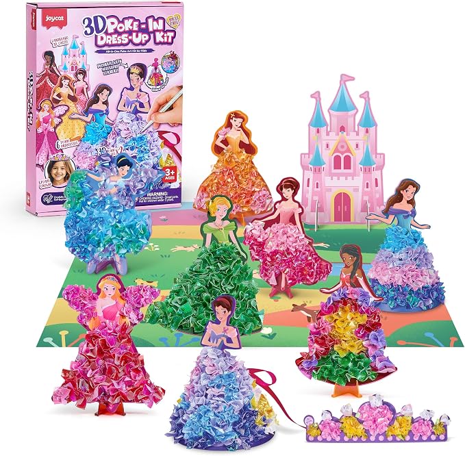 Poke-in Craft Kit for Girls, 3D Castle Princess Dress Up DIY Set with Fairy Tale Castle Scene, Paper Craft Kits, Mess-Free Creative Activity, Arts and Crafts & Birthday Gift for Girls Age 4-8 Year Old