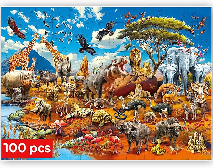 QUOKKA 100 Piece Puzzles for Kids Ages 4-6 – Floor Kids Puzzles Ages 6-8 Year Old – Toy for Learning Africa Animals for 8-10 yo – Jigsaw Toddler Game for Boy and Girl Age 3-5