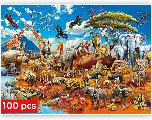 QUOKKA 100 Piece Puzzles for Kids Ages 4-6 – Floor Kids Puzzles Ages 6-8 Year Old – Toy for Learning Africa Animals for 8-10 yo – Jigsaw Toddler Game for Boy and Girl Age 3-5