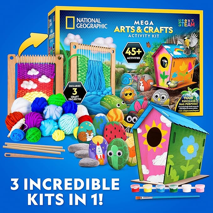 NATIONAL GEOGRAPHIC Mega Arts & Crafts Activity Kit for Kids Ages 8-12 – 3 Craft Kits to Build, Paint, Weave & Create, Rock Painting, Weaving Loom for Kids & Birdhouse Craft with 25 Bonus Activities