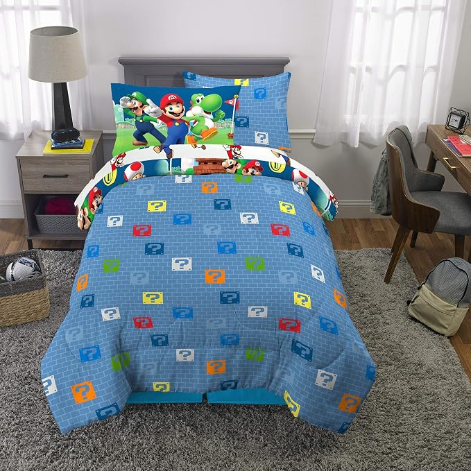 Super Mario Kids Bedding Set, Twin Size 5 Piece Comforter and Sheet Set with Sham, (Officially Licensed Product) by Franco