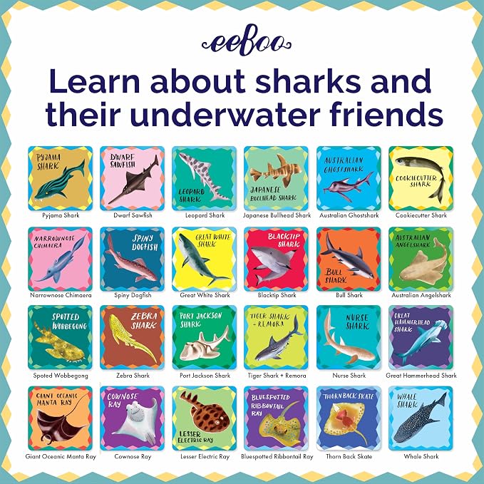 eeBoo: Memory & Matching Game- Shiny Sharks & Friends - 24 Matching Pairs, Educational Preschool Game, Kids Ages 3+, 1-4 Players