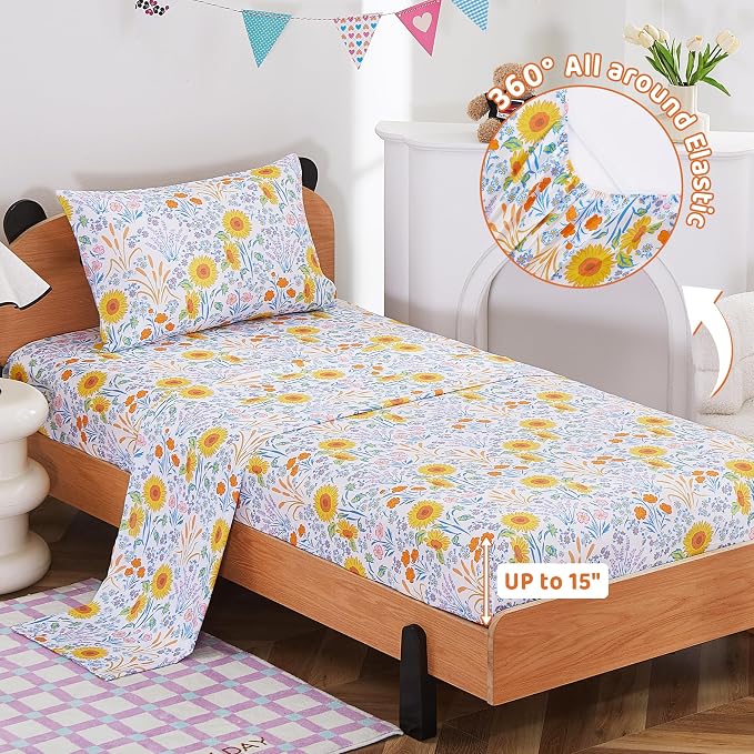 Viviland 3 Pieces Girls Floral Spring Twin Sheet Set - Soft Microfiber Fitted Flat Sheets & Pillowcase Bed Sheet Set - Summer Sunflower Print Bedding Sets for Kids