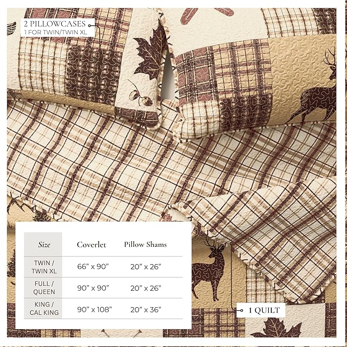 Great Bay Home Lodge Quilt Set - 2-Piece Twin/Twin XL Size Rustic Bedding Set - Lightweight, All-Season, Reversible Bedspread (Deer & Leaf Patchwork)