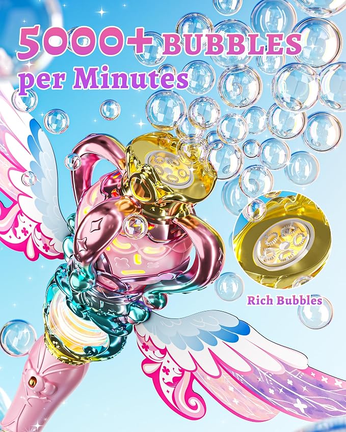 Uregoio 2 Pack Princess Bubble Wands Machine for Girls with Rotating Design, Outdoor Bubble Maker Toys for Kids Ages 4-8, Rechargeable Light & Music Fairy Wands for Party Birthday(Pink & Purple)