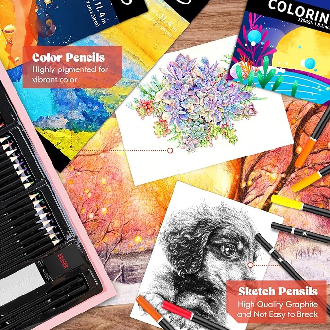 Caliart Art Supplies, 153-Pack Deluxe Art Set in Wooden Case, Crafts Drawing Painting Kits with 2 A4 Sketch Pads, Coloring Book, Stocking Stuffers Gifts for Teens Girls Kids Artists