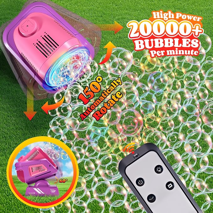 Belemar Upgraded Bubble Machine with Remote Control, Automatic Rotation & RGB Lights, 1800mAh Rechargeable Battery, Type-C Charge, Bubble Maker for Kids, Weddings, Birthday Parties, Outdoor Activities