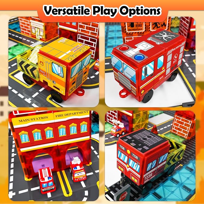 Drofex Magnetic Tiles Road Set with Fire Truck Magnetic Crane, Creative Construction Toys for Kids Ages 3-12, Boys & Girls, Fire Rescue Station and Engineering Themed Magnetic Building Blocks