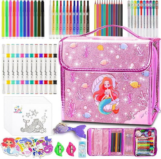 98Pcs Washable Scented Marker Set, Mermaid Pencil Case & Stationery Art and Craft for Kids Coloring Set Birthday Gift Include Markers, Glitter Pens, Crayons Drawing Kits for Girls 4 5 6 7 8 9 10 11 12