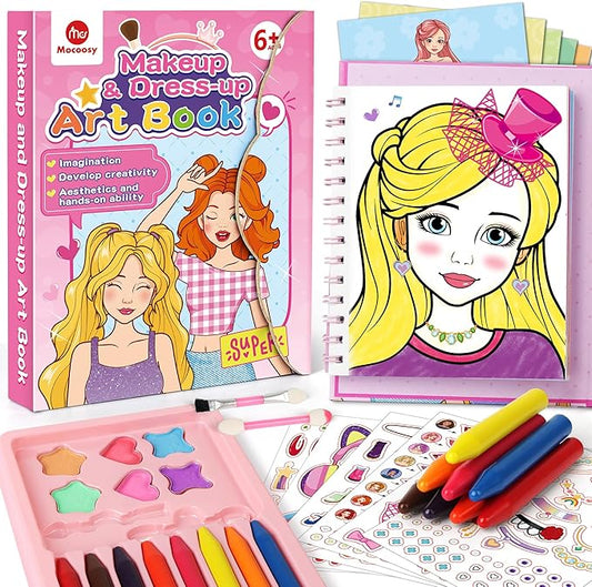 Mocoosy Makeup Art Craft for kids Ages 4-8, Pretend Play Makeup Coloring Activity Book with Stickers, Fashion Design Sketchbook, Travel Game Airplane Car Road Trip Toy Birthday Gift for Girl 5 6 7 8 9