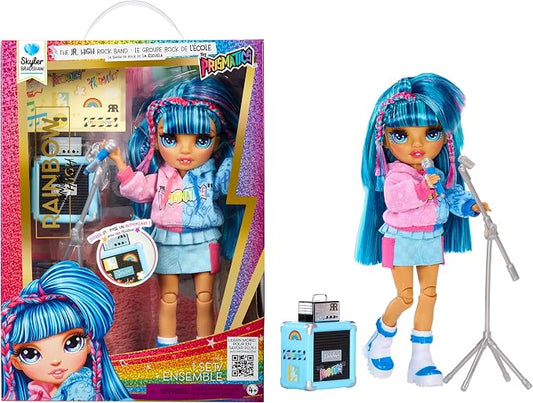 Rainbow High Jr High Rock Band - Skyler, Blue 9” Fashion Doll with Microphone Plus Stand and Amp, Customize with Stickers, Posable, Great Toy Gift for Kids Ages 4+