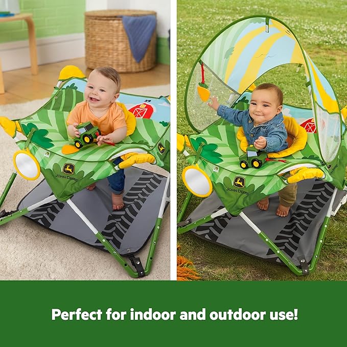 Bright Starts John Deere Pop 'N Jump Portable Baby Jumper, Foldable Indoor/Outdoor Baby Jumper with Sensory Activities, Ages 6–12 Months