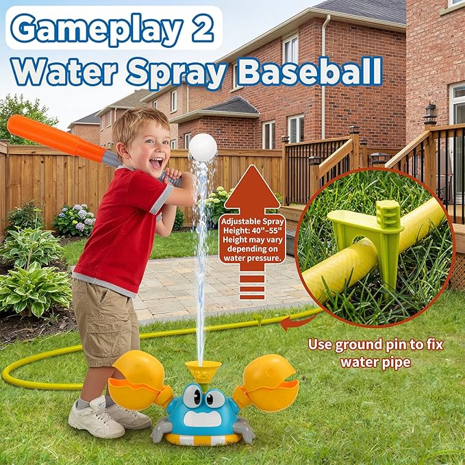 Water Sprinkler for Kids, 3-in-1 Crab Outdoor Toy with Toss Game, Batting Game & Splashing Fun, Attaches to Garden Hose, Summer Backyard Lawn Toy for Boys & Girls Ages 3-8 (Blue Crab)