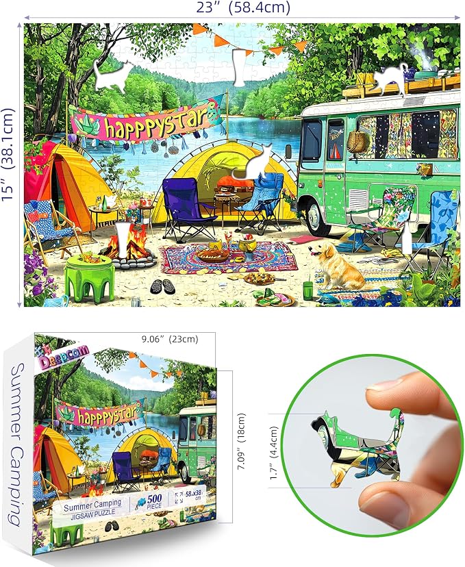 500 Pieces Jigsaw Puzzle for Adults, Vibrant Camping Scene with Retro Camper & Cute Pets, Thick Durable Cardboard, Ideal for Camping Enthusiasts & Puzzle Lovers