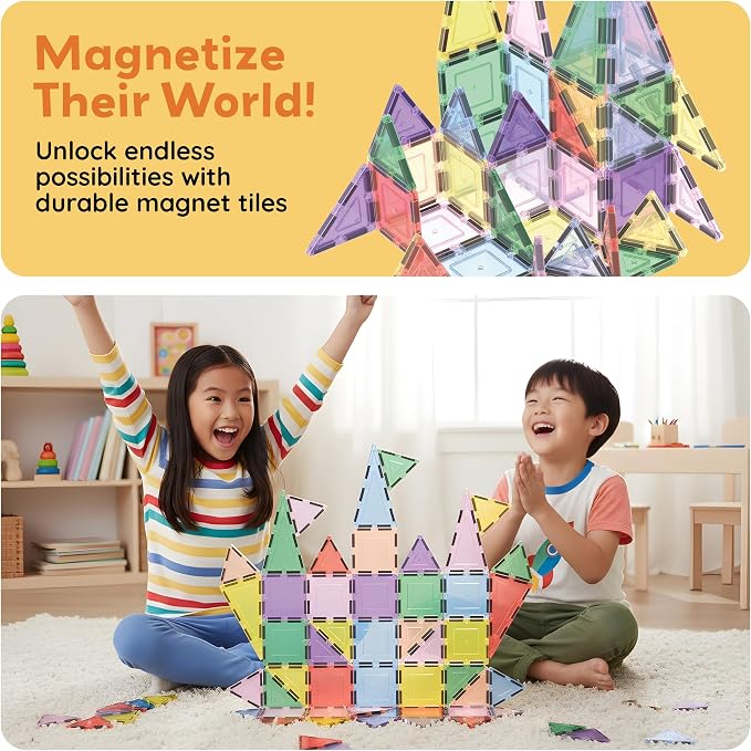 PicassoTiles 48PC Magnetic Tiles Pastel Building Construction Stacking Toy STEM Montessori Educational Magnet Tile Sensory Learning Playset For Toddlers Preschool Elementary Boys Girls Ages 3+ PTJ48JN