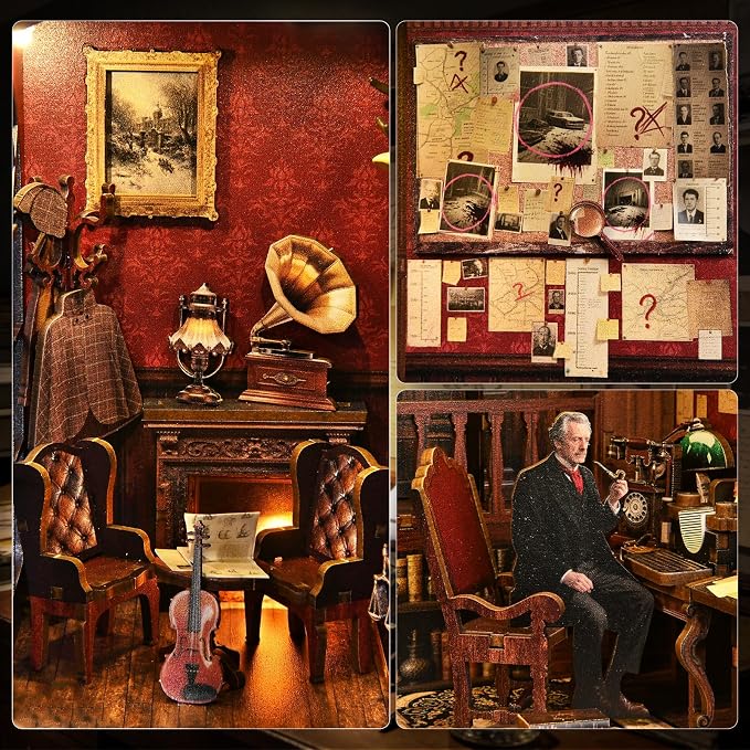 DIY Miniature House Kit, Dollhouse Detective Agency for Adults to Build, Birthday/Christmas Day Gift for Family and Friends, Prefab Tiny Home with LED Lights,Pipe & Deduction