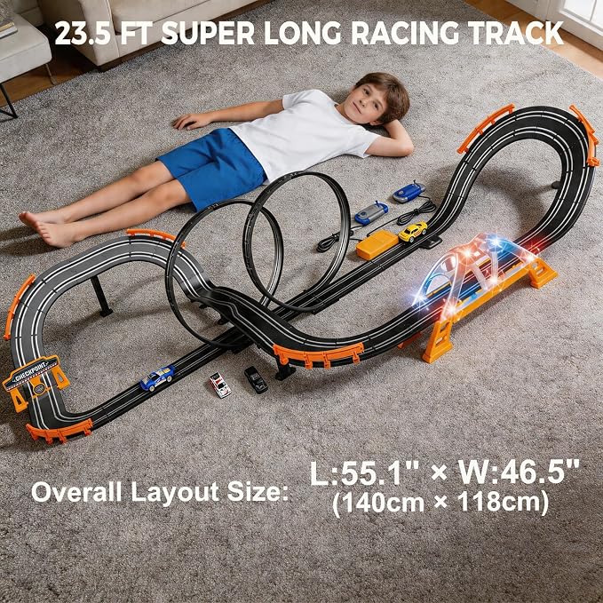 Slot Car Race Track Sets with 4 High-Speed Racing Slot Cars Electric Dual Racing Game with 2 Controllers Circular Overpass Track Featuring Flash Bridge Pendulum Gifts Toys for Boys Kids Age 6 7 8-12