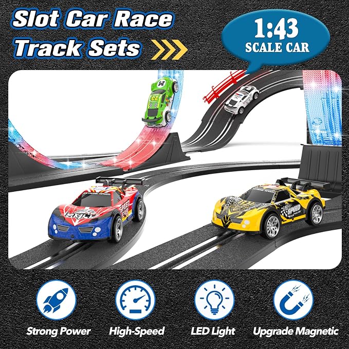 2-in-1 Slot Car Race Track Sets with 4 High-Speed Cars, Electric Track, Dual Racing Game with 2 Controllers, Circular Overpass Design Featuring Flash Tracks. Toy Gift for Boys Kids Ages 4-6 6-8 8-12
