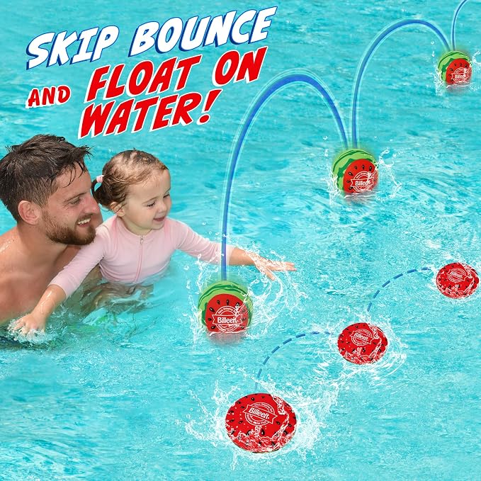 Billeeit 5Pcs Water Skipping Balls for Pool, Beach, Lake, River, Ocean Play, Floating TPR Bouncing Ball for Kids 3+ and Adults with 1 Football, 2 Round Balls, 2 Discs and Mesh Bag (Watermelon Theme)