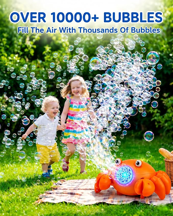 Rechargeable Bubble Machine for Kids, 360° Rotating Crawling Crab 10000+ Bubbles/Min with Music & LED, Automatic Obstacle Avoidance Bubble Maker Toy for Outdoor Garden Parties Birthday Gift