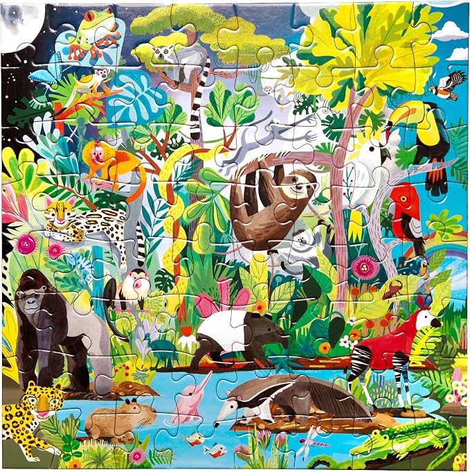 eeBoo: Rainforest - 64 Piece Puzzle - 15" x 15" Jigsaw, Vibrant Animal & Nature Scene, Informational Poster, Big Sturdy Dustless Pieces, Kids Ages 5+