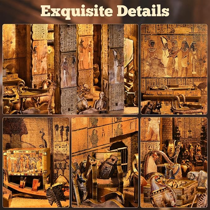 fifijoy Book Nook Kit - DIY Miniature House Dollhouse Kit for Adults and Teens, 3D Wooden Puzzle Booknook Build Bookshelf Decor with LED Light, Gifts for Family and Friends (Egyptian Pharaoh's Tomb)