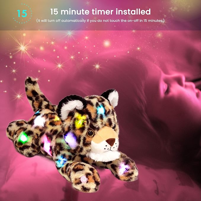 Hopearl LED Plush Leopard Lighting Up Stuffed Cheetah Jungle Animal Floppy Puppy Night Lights Glow in The Dark Birthday Festival for Kids Toddler Boys, 14''