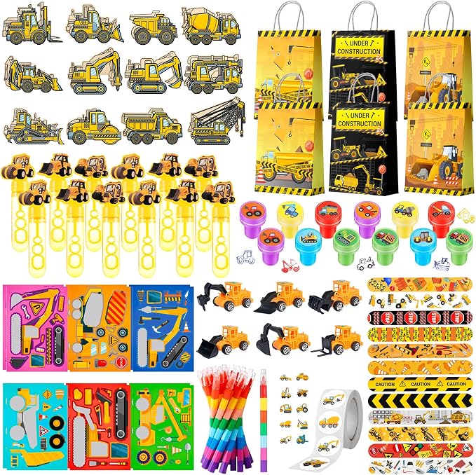 Construction Vehicle Favors, 98pcs Construction Truck Party Favors Set Includes Construction Vehicle toys Bubble Wands Stickers Stampers etc Construction Party Favor for Excavator Birthday Decorations