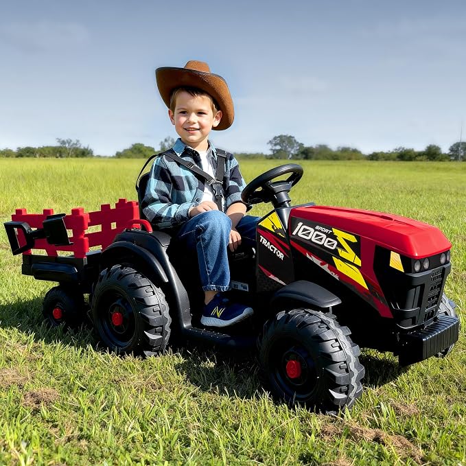 Hikiddo 24V Kids Ride on Tractor Toy, Electric Tractor for Kids 3-8 with Trailer, 2x200W Motors - Red