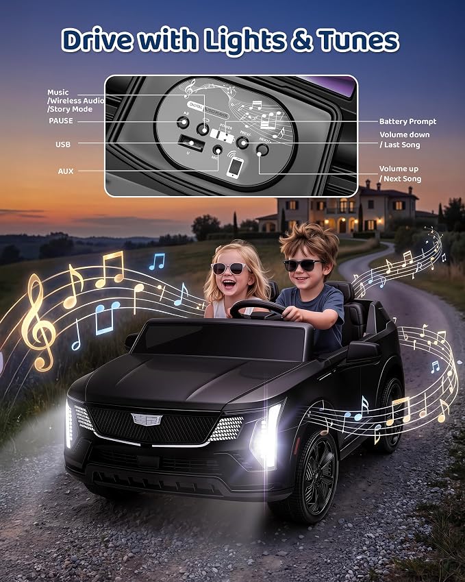 Firstness 2 Seater Ride on Car for Kids 24V Licensed Cadillac Escalade IQ Powered Wheels with Remote Control 400W Electric Ride on Toy with 3 Speed Light Music 7AH Battery Car for Kids Ages 3-8, Black