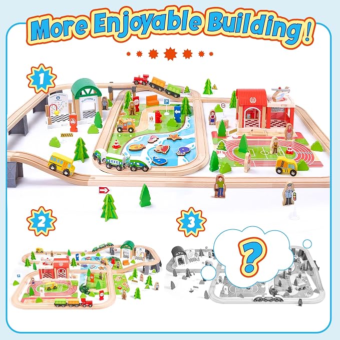 Wooden Train Set 175-Piece for Toddlers Kids Ages 3-8, Double-Sided Expandable Train Track with Puzzles & Magnetic Fishing Toys Compatible with Major Brands, STEM Railway Playset Gifts for Boys Girls