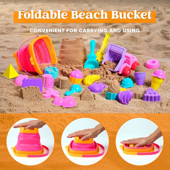 Sloosh Beach Sand Toys Set - Pink Dump Truck Car Toy with Sand Molds, Collapsible Buckets Mesh Bag Shovels Castle Ice Cream Mold for Ages Kids Toddlers Sandbox Toys Gifts Travel Vacation (Foods)