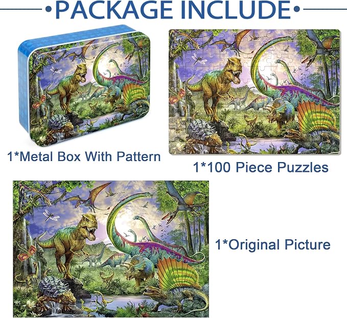 LELEMON Puzzles for Kids Ages 4-8,Dinosaur 100 Piece Puzzles for Kids,Educational Kids Puzzles Jigsaw Puzzles in a Metal Box,Children 100 Piece Puzzle Games Puzzle Toys for Girls and Boys