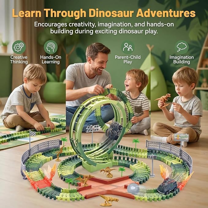 Dinosaur Race Track Toys for Boys 3-5, Flexible Car Track Set with Giant Loop, Dinosaur Adventure Race Cars Playset for Boys Age 4-7 Birthday Gifts