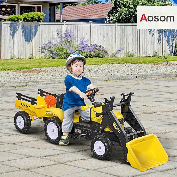 Aosom Kids Ride-On Excavator, Pedal Car Bulldozer, Move Forward/Back with Real Working Dirt Bucket, 6 Wheels, & Cargo Trailer