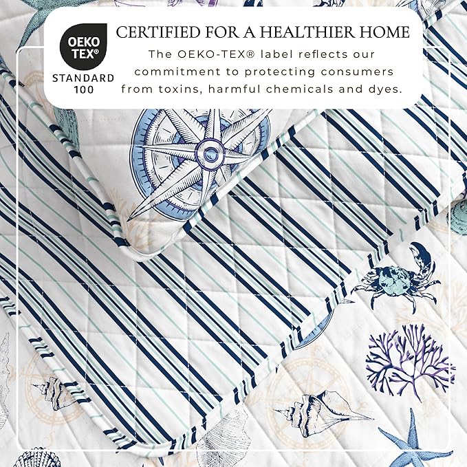 Great Bay Home Coastal Quilt Set - 3-Piece Full/Queen Size Blue Nautical Bedding Set - Lightweight, All-Season, Reversible Bedspread (Nautical Motif)