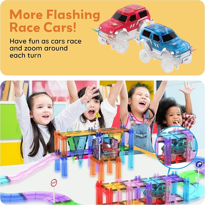 PicassoTiles 2pcs Magnetic Toy Car Set Highly Detailed Compatible with Magnet Race Track STEM Truck Replacement Accessories Educational Construction Building Kits for Toddlers Boys & Girls Ages 3+