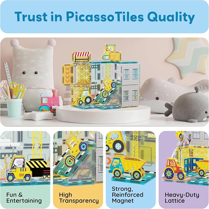 PicassoTiles Magnet Tiles Magnetic Building Blocks with 8 Construction Vehicles Crank Truck Excavator Bulldozer Road Roller Concrete Mixer Tractor Dump Truck Forklift Toys Learning Kids Ages 3+ PTQ11