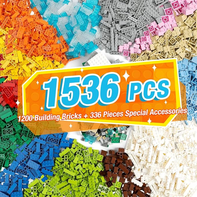 1500 Pieces Building Bricks, Classic Building Bulks with 30PCS Small Flat Plates and 46PCS Wheel Parts and Pieces - Compatible with Lego and Other Brands, 16 Color/18 Size