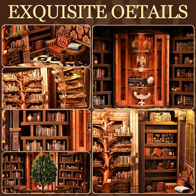 fifijoy DIY Book Nook Kit for Adults - 3D Wooden Puzzle Miniature House Kit with LED Light, Miniature Dollhouse Library Bookshelf Insert Decor, Creative Gift for Family, Friends (Wisdom Rings)