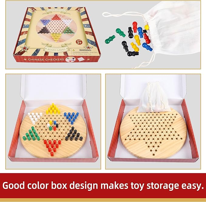 Gothink Chinese Checkers Board Game Toy for Adults Seniors Kids, 11.5 inches Classic Wooden Checkers Game Set, 66 Wooden Pegs in 6 Bright Colors, Fun Family Board Games for All Ages