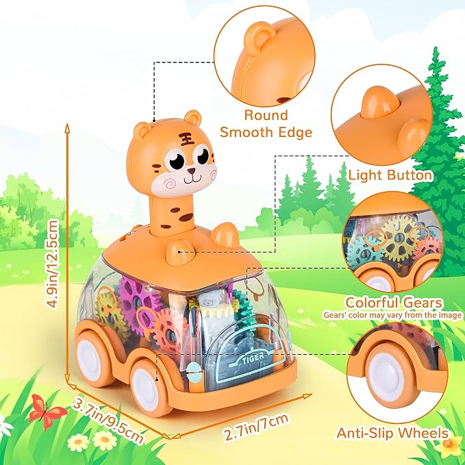 ShinySong Press and Go Car for Toddlers, 2 Pack Light Up Baby Animal Car Toys with Visible Gears, Birthday Gifts for Boys Girls, Giraffe & Tiger