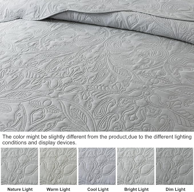 HoneiLife King Quilt Bedding Set - 3 Piece Microfiber Quilt Sets Lightweight Bedspreads Reversible Coverlets Retro Bed Cover Quilt King Size All Season Quilts-Light Grey