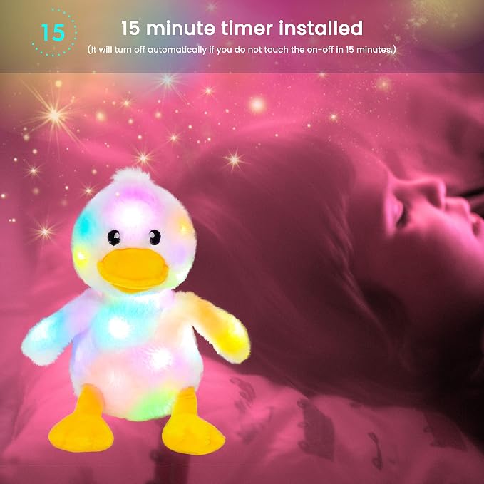 Hopearl LED Plush Duck Lighting Up Stuffed Duckling Farm Animal Floppy Night Lights Glow in The Dark Birthday Gifts for Kids Toddler Girls, White, 12''
