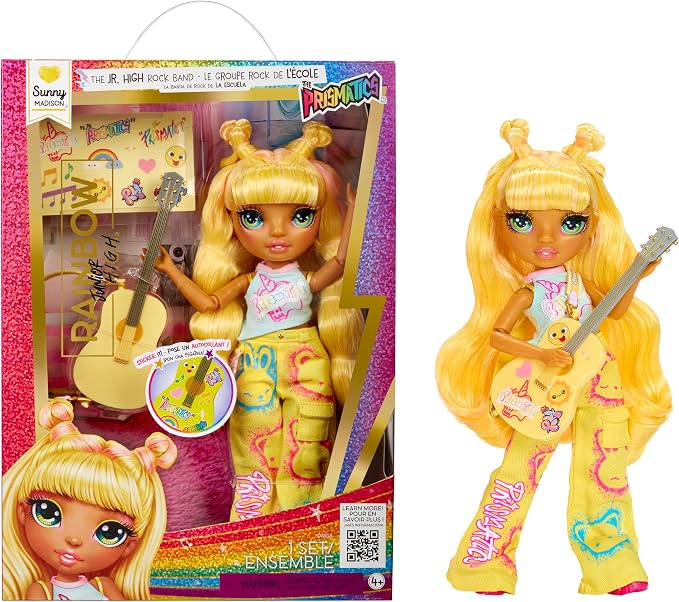 Rainbow High Jr High Rock Band - Sunny, Yellow 9” Fashion Doll with Guitar, Customize with Stickers, Posable, Great Toy Gift for Kids Ages 4+