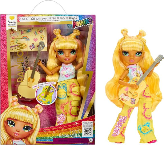 Rainbow High Jr High Rock Band - Sunny, Yellow 9” Fashion Doll with Guitar, Customize with Stickers, Posable, Great Toy Gift for Kids Ages 4+