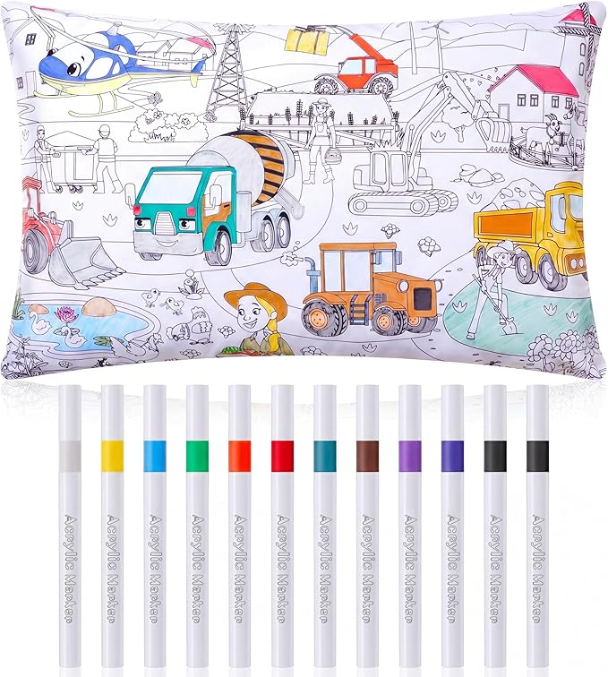 Mindsoft Coloring Craft Coloring Pillowcase Pillowcase with 12 Pcs Markers Pens for Decoration Supplies Craft, 28.7 x 19.7 Inch (Construction)