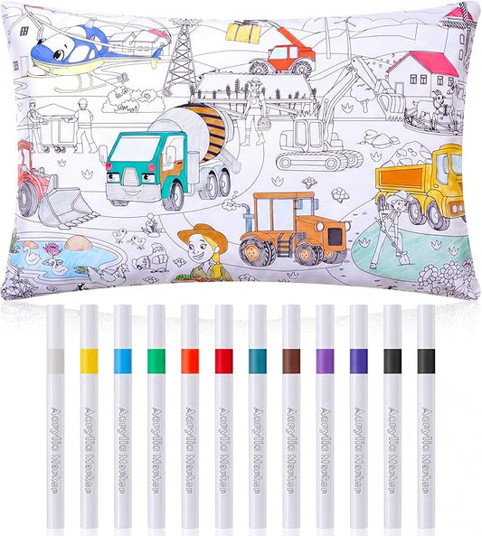 Mindsoft Coloring Craft Coloring Pillowcase Pillowcase with 12 Pcs Markers Pens for Decoration Supplies Craft, 28.7 x 19.7 Inch (Construction)