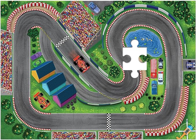 Peaceable Kingdom Jumbo Racetrack Floor Puzzle Bundle with 3 Wood Cars – Large Jigsaw Gift for Toddlers and Kids Ages 3-5 – Puzzle and Play: Race Day