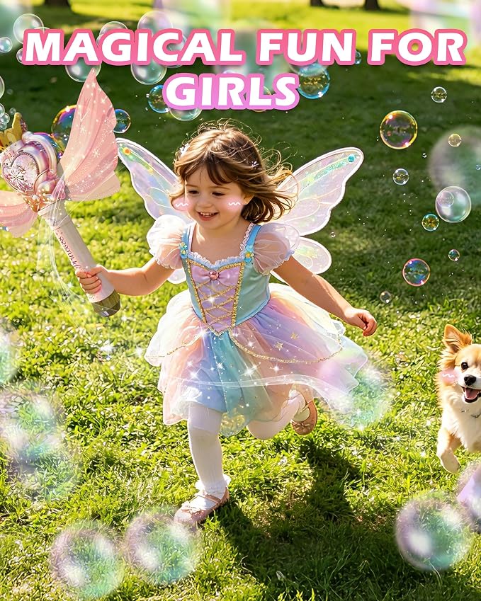 Princess Bubble Wand for Girls, Light Up Musical Fairy Toy with Detachable Wings, Music, Outdoor Birthday Gift for Kids Ages 3-8